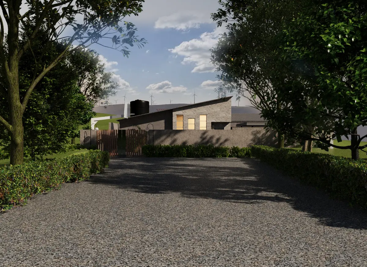 Daylight approach to MN Residence along a planted gravel drive.