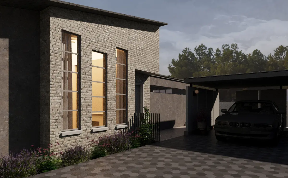 Arrival facade with tall windows, textured masonry, planting, and a sheltered carport.
