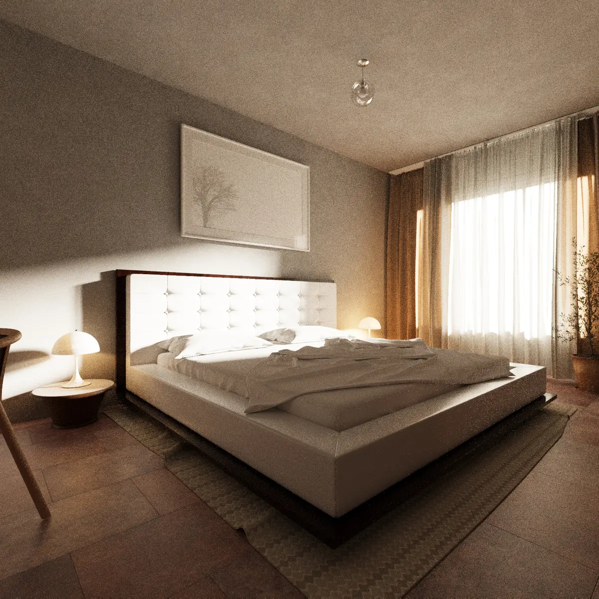 Bedroom with a low bed, warm timber floor, and daylight filtered through curtains.