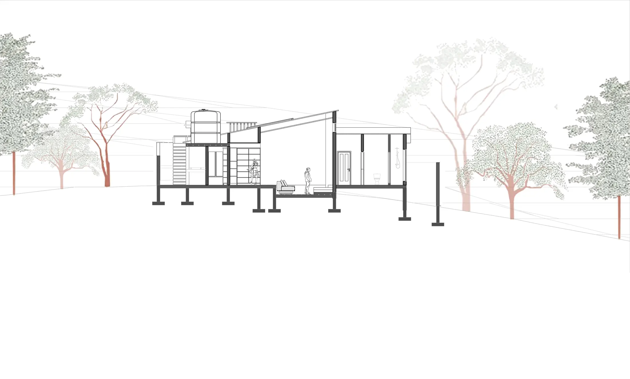 Longitudinal building section showing the sloping site, interior levels, and roof form.