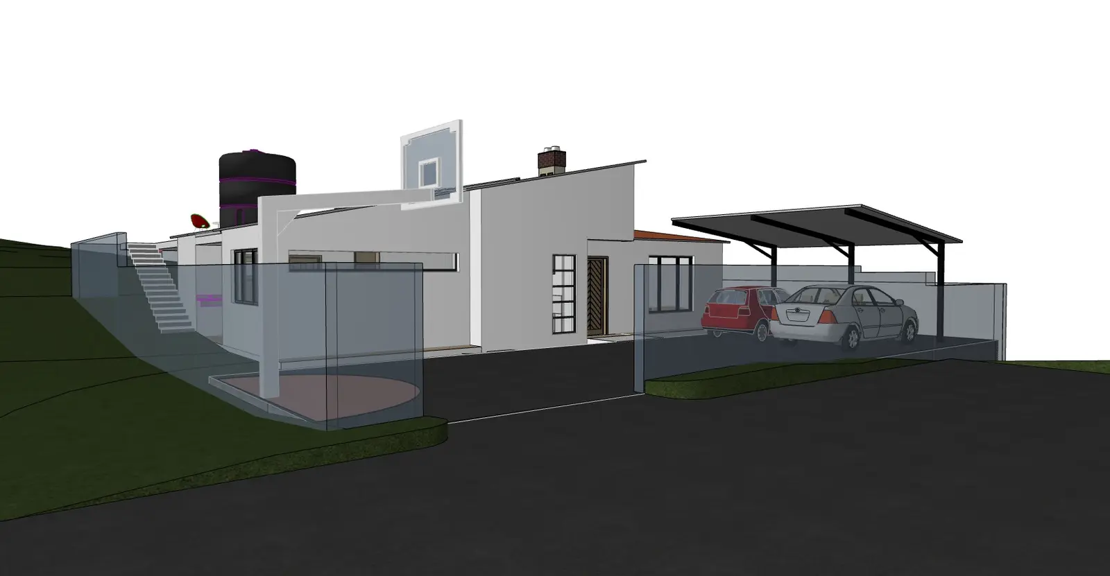 Early three-dimensional massing model of the low residence on its sloping site.