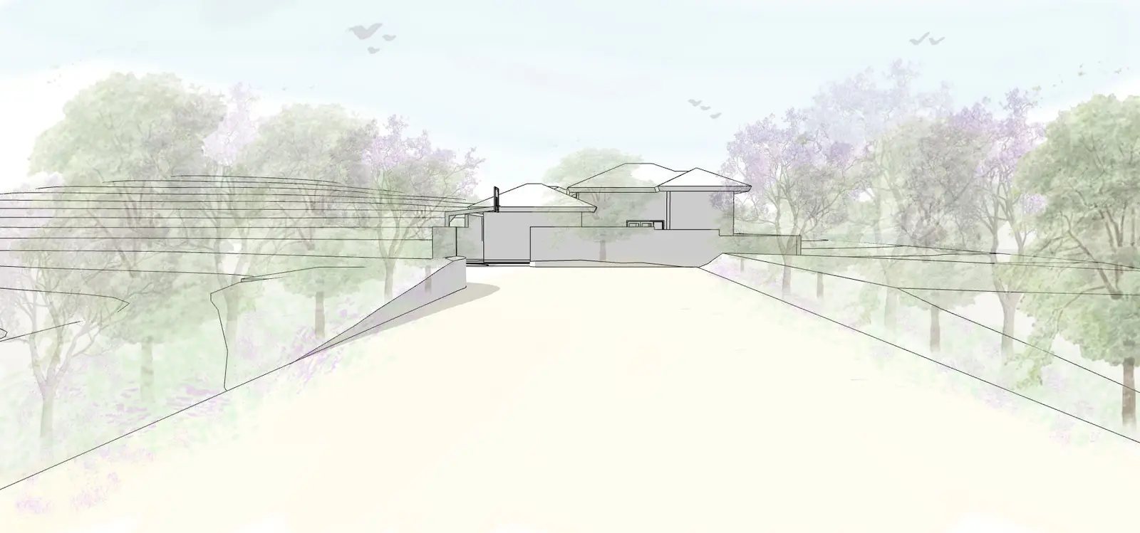 Early line-and-wash study of the approach to the residence through a lightly planted landscape.