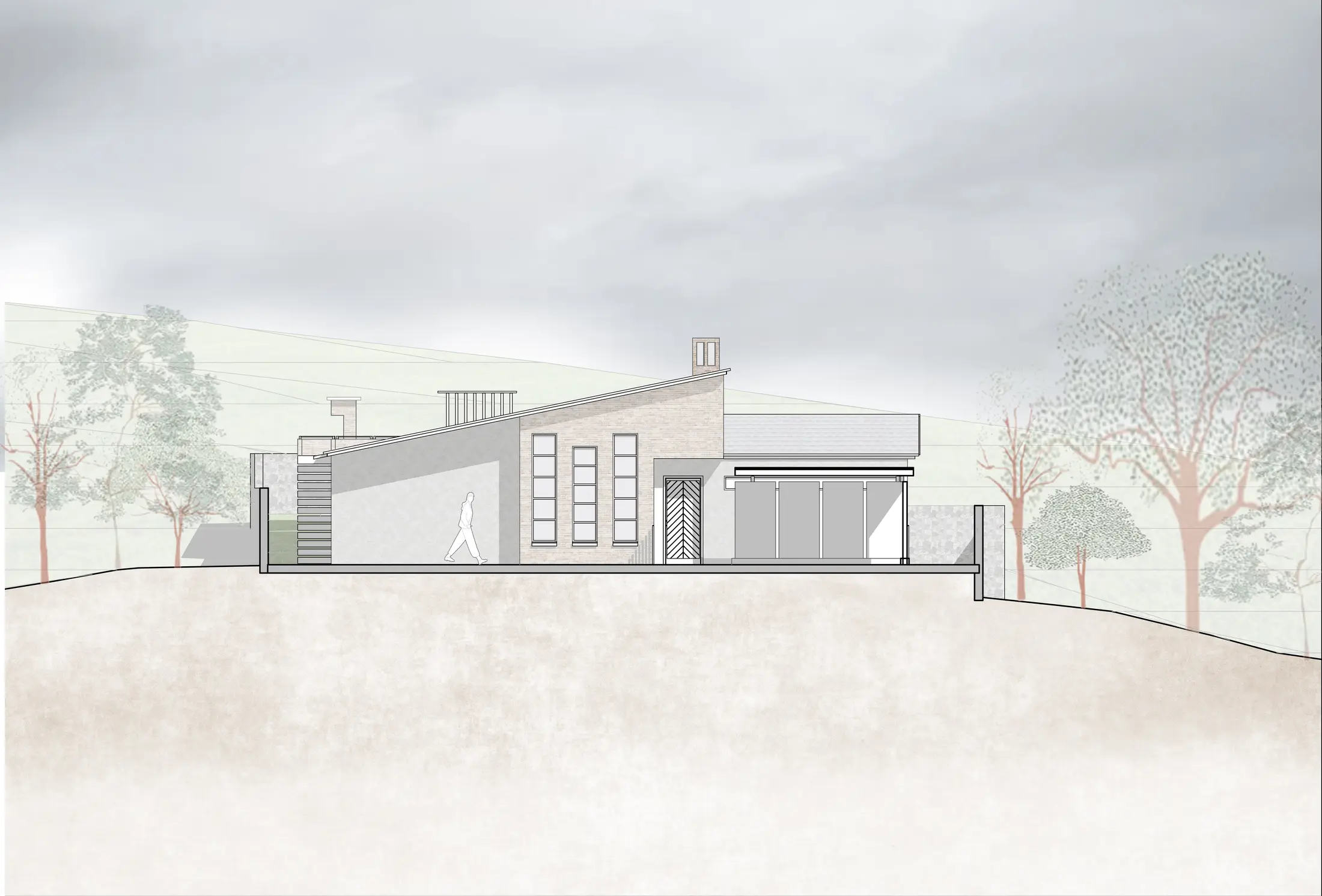 Rendered elevation of the principal facade set against the site profile and trees.