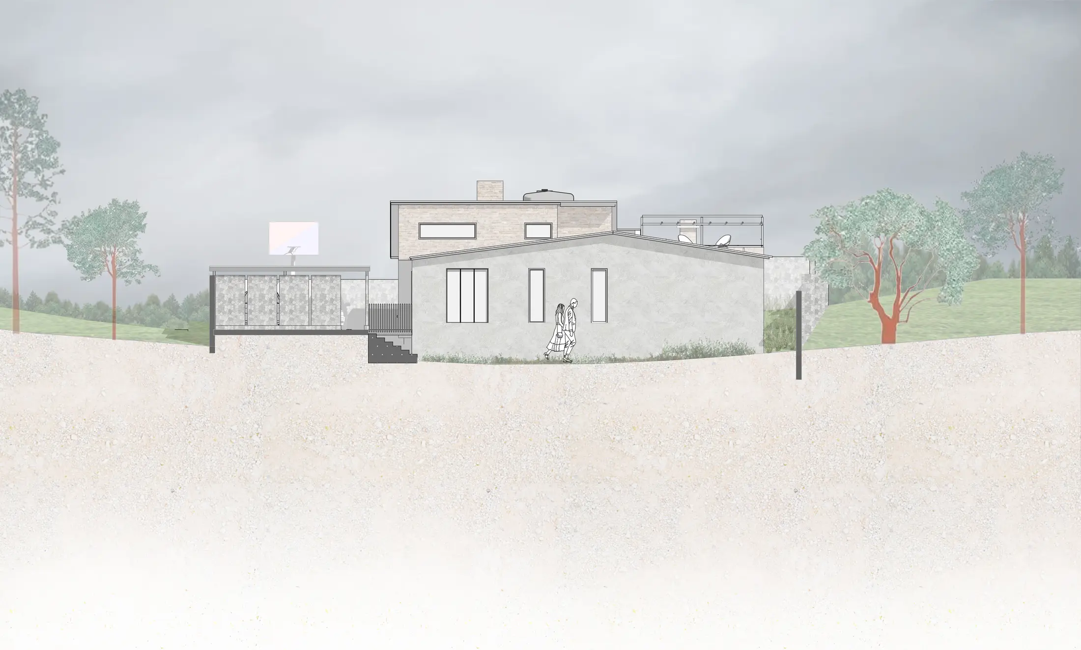 Rendered secondary elevation of MN Residence on the gently sloping site.