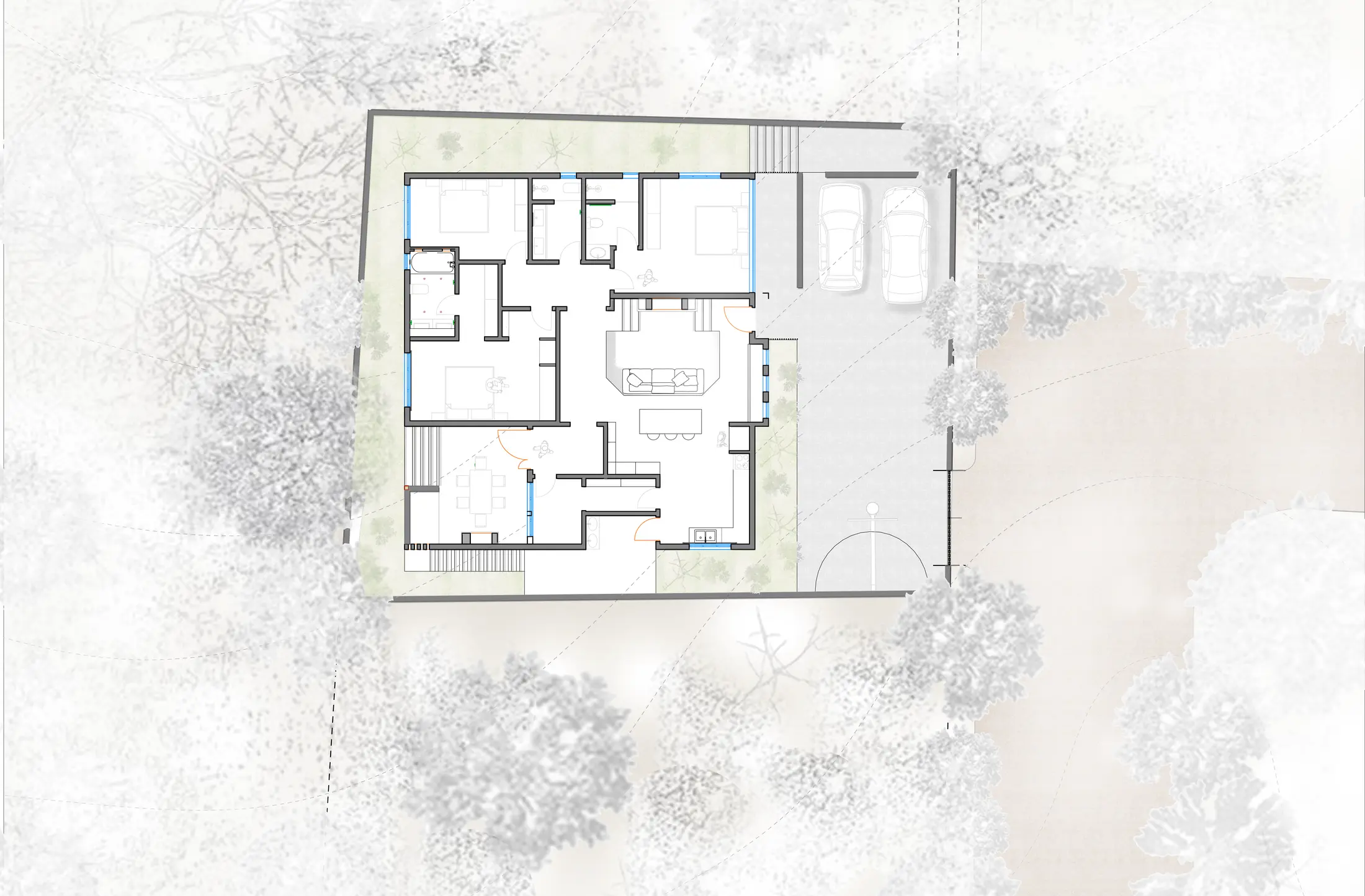 Rendered floor plan of MN Residence within its immediate landscape.