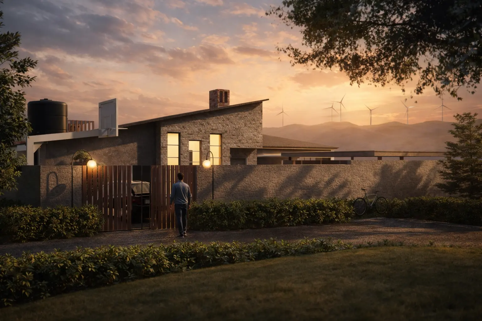 Dusk exterior of MN Residence with low interlocking volumes and the Ngong Hills beyond.