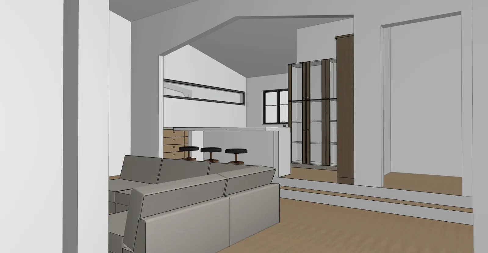 Early interior model testing the kitchen island, timber screen, and adjoining living space.