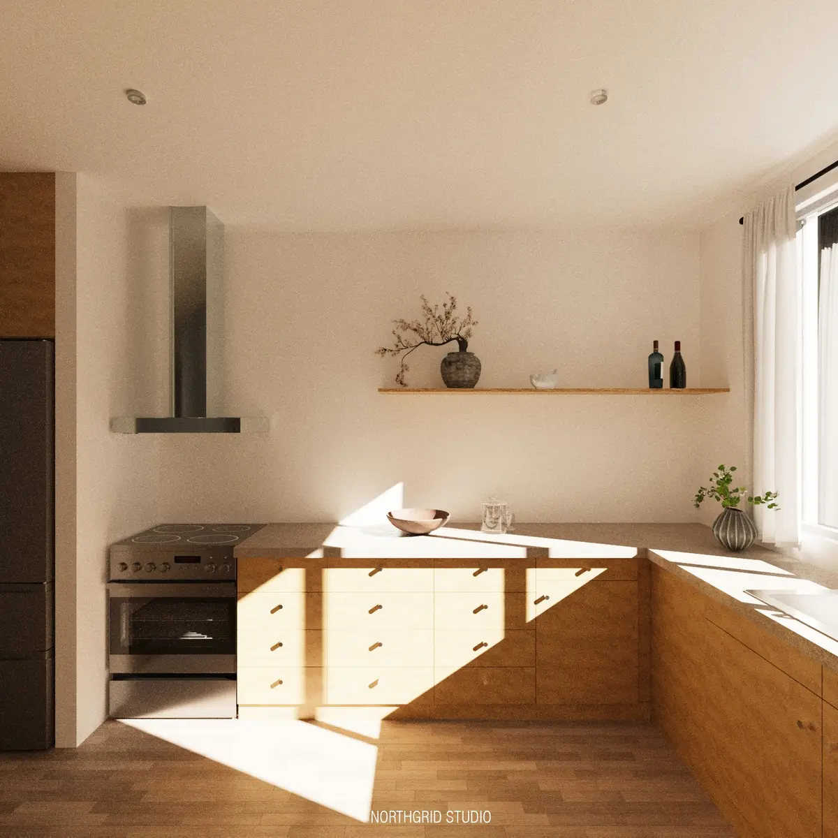 Visualization of the proposed MN Residence kitchen, including timber cabinetry and a central preparation island.