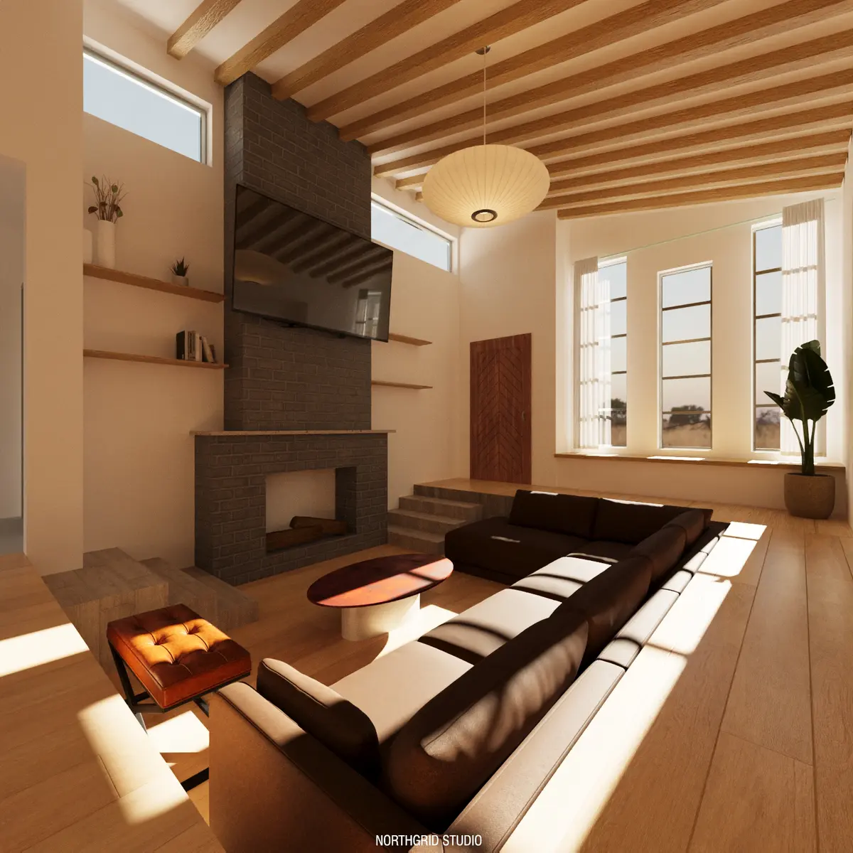 Sunken living room with a dark hearth, exposed timber ceiling structure, and tall windows.