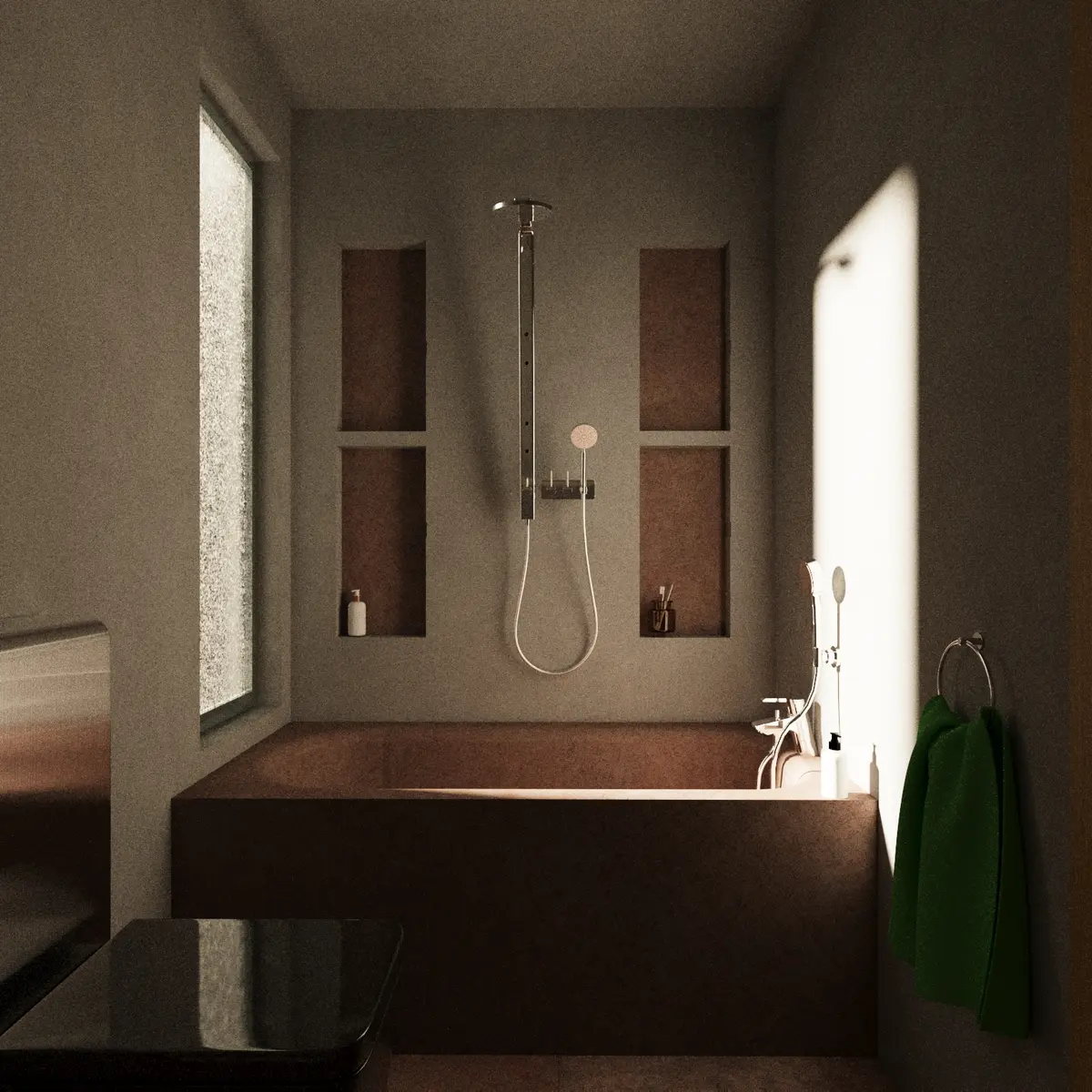 Bathroom with a freestanding bath, timber-lined niches, and a tall side window.