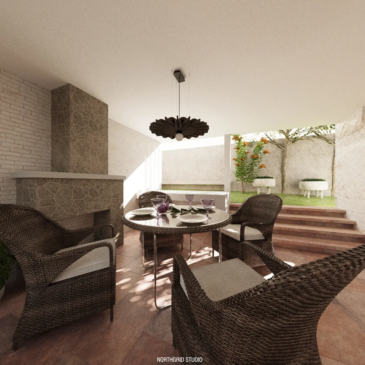 Covered outdoor courtyard arranged with a dining table, hearth, and planted opening.