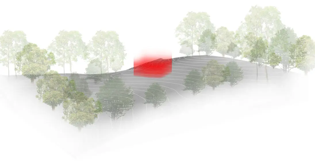 Aerial site study marking the MN Residence plot within its semi-rural surroundings.