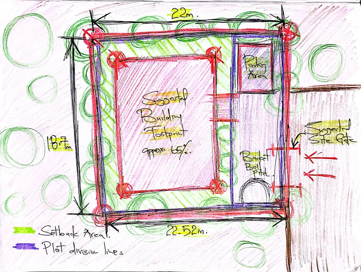 Hand-drawn site sketch testing the building footprint, setbacks, gate, parking, and basketball court.