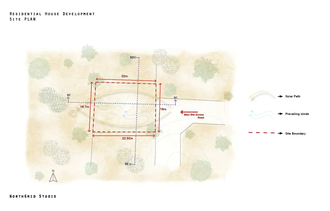 Site plan diagram indicating the plot, sun path, prevailing winds, driveway, and existing trees.