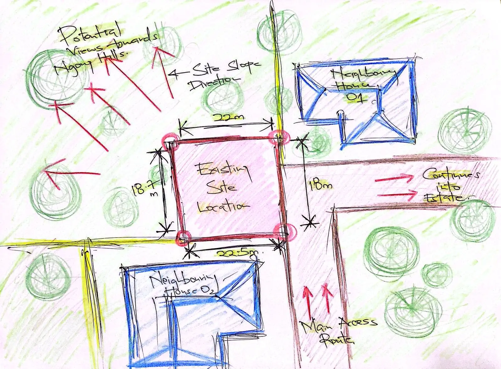 Hand-drawn site sketch recording access, slope, neighbouring houses, and views toward the Ngong Hills.