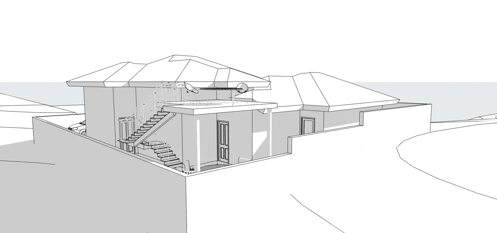 Early model view testing the upper sitting deck and external stair.