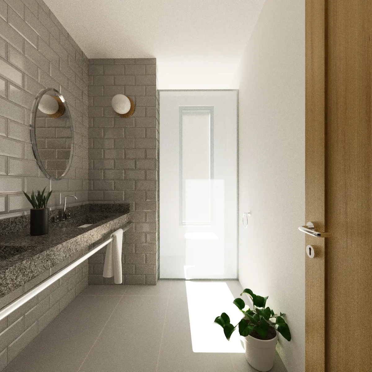 Bright vanity area with a stone counter, round mirror, and planting beside the doorway.